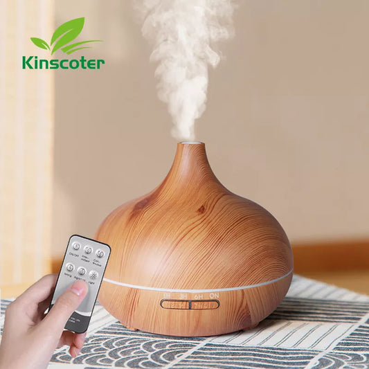 Premium 500ml Aromatherapy Essential Oil Diffuser with Wood Grain Finish, Remote Control, Ultrasonic Technology, and 7 Color Lighting Options