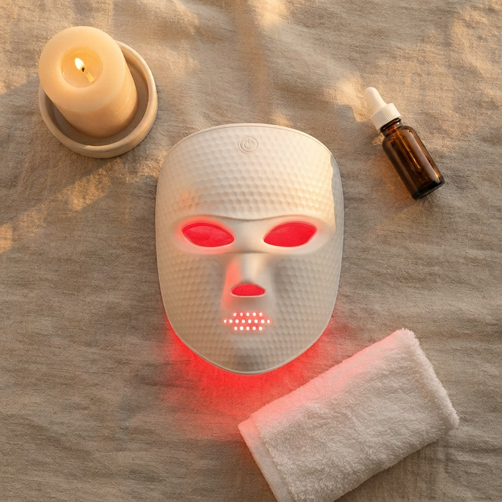 Glow Reset LED Light-Therapy Face Mask styled in a self-care flat lay with candle and serum