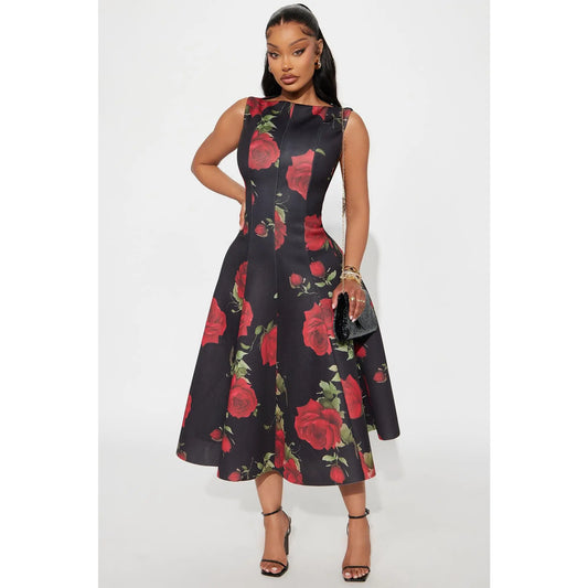 Pleated Floral Midi Dress – Red Combo