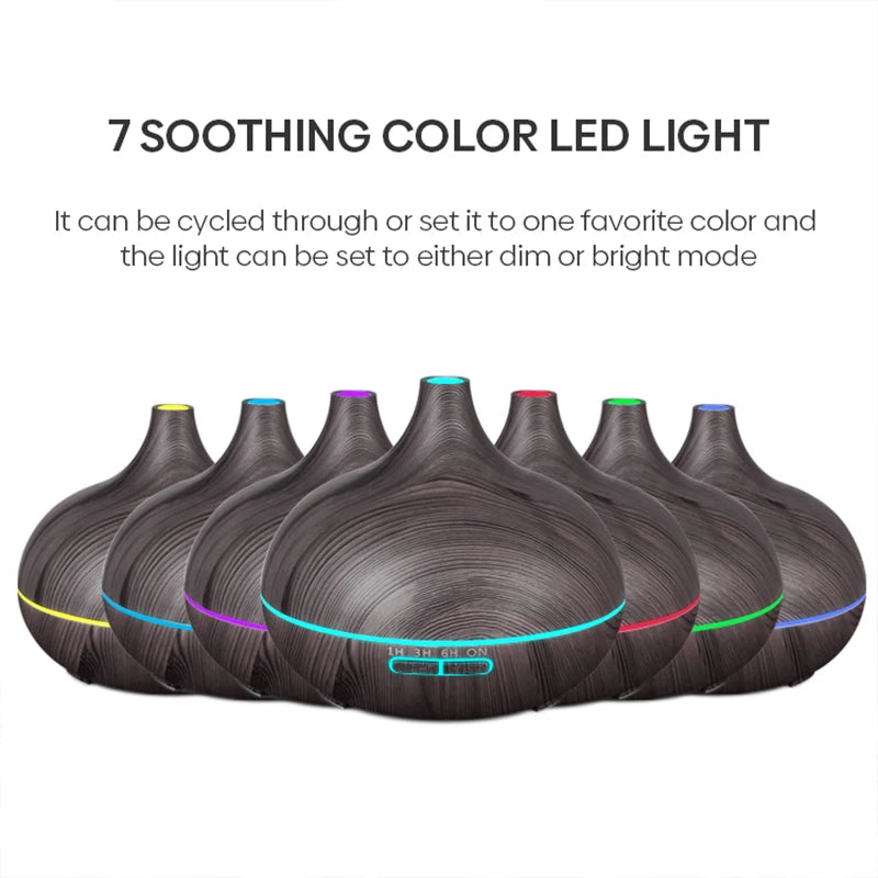 Premium 500ml Aromatherapy Essential Oil Diffuser with Wood Grain Finish, Remote Control, Ultrasonic Technology, and 7 Color Lighting Options