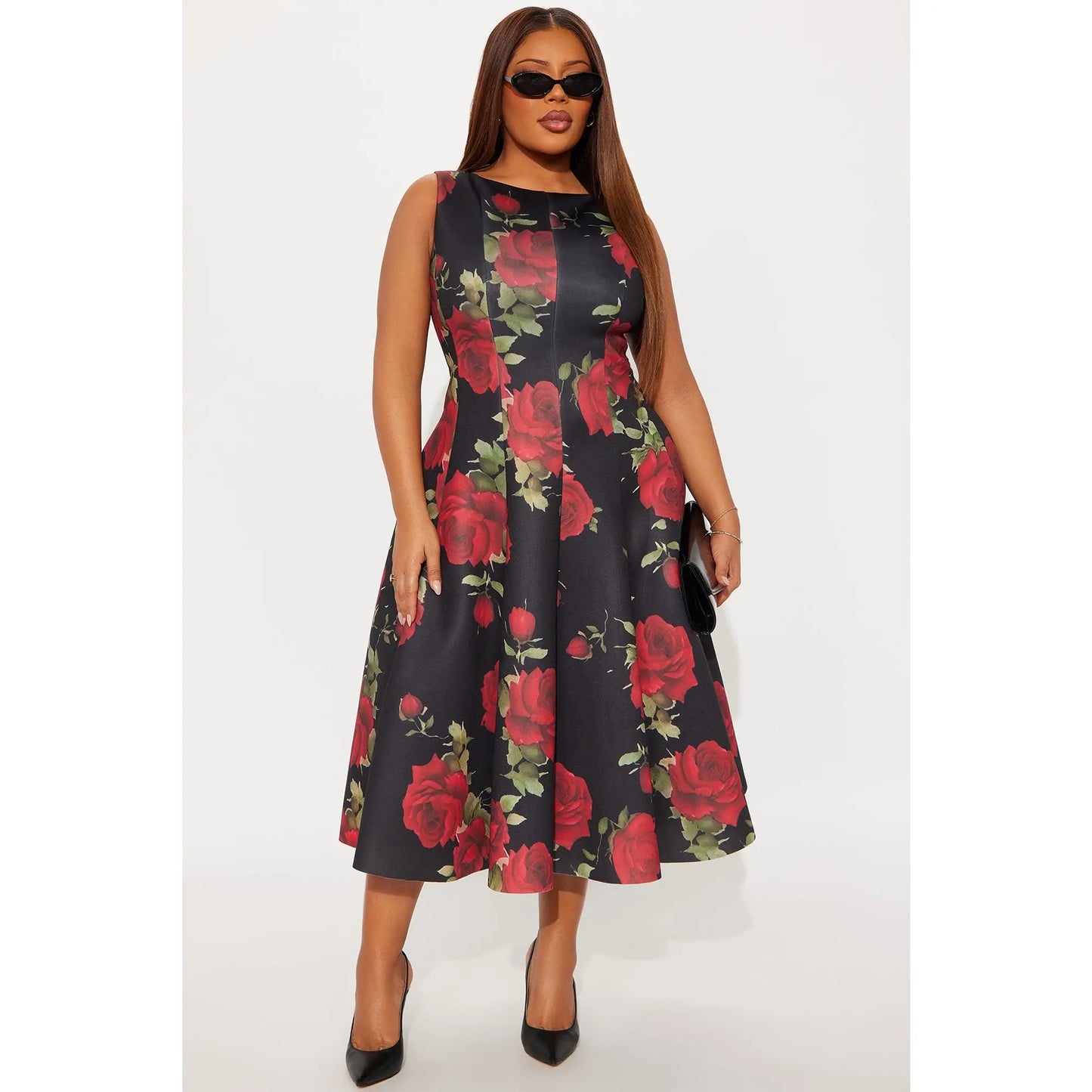 Pleated Floral Midi Dress – Red Combo
