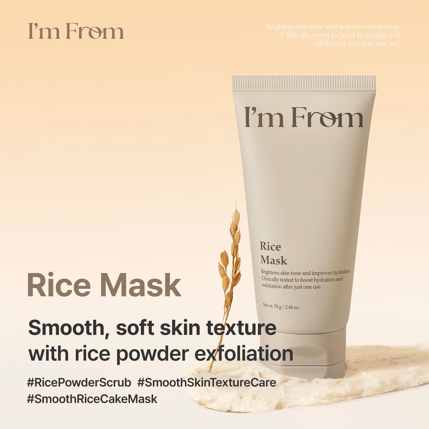 I'M from Rice Mask, Gentle Exfoliating & Hydrating Wash-Off Face Mask with Rice Powder for Glass Skin, Suitable for Sensitive Skin, 2.37 Fl Oz