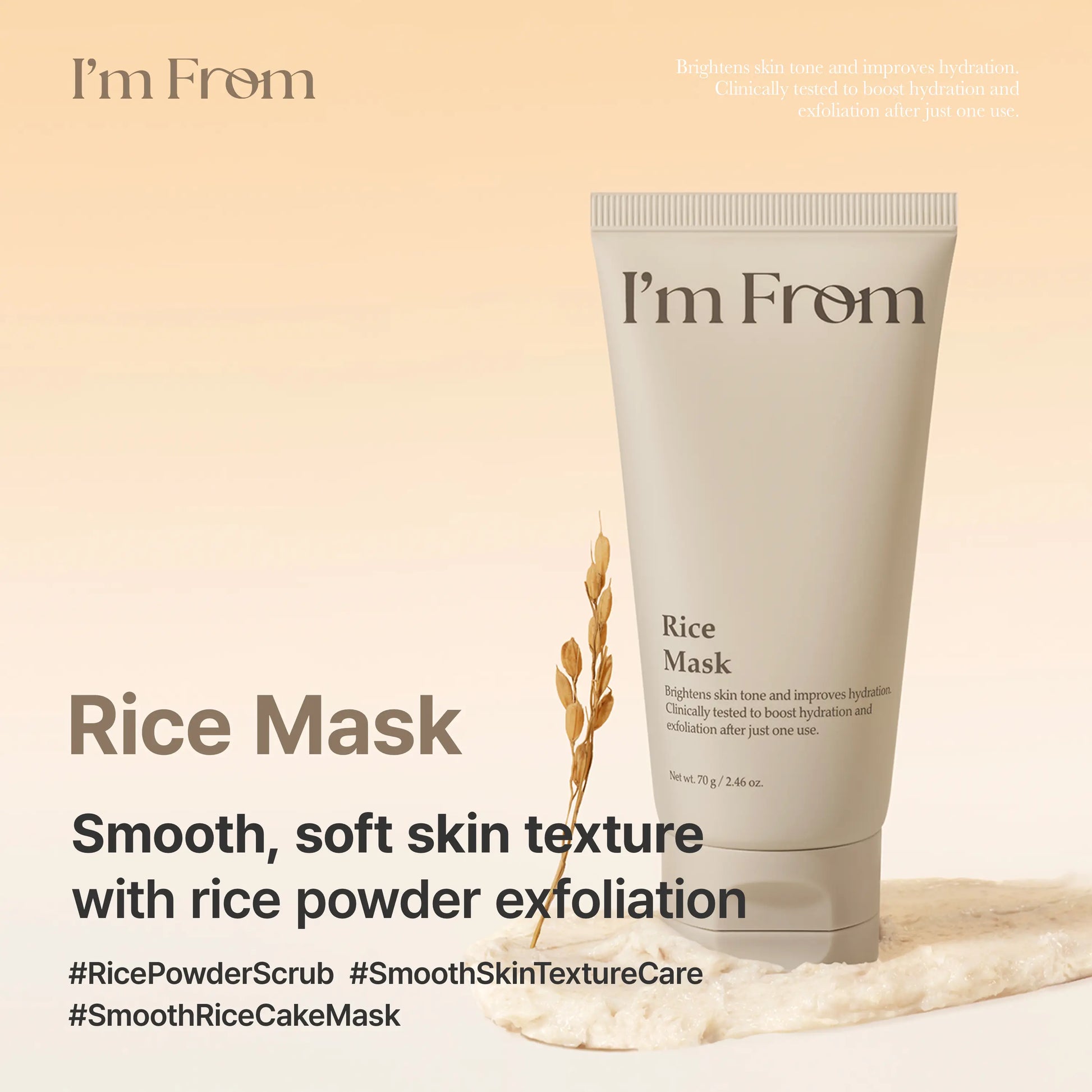 I'M from Rice Mask, Gentle Exfoliating & Hydrating Wash-Off Face Mask with Rice Powder for Glass Skin, Suitable for Sensitive Skin, 2.37 Fl Oz