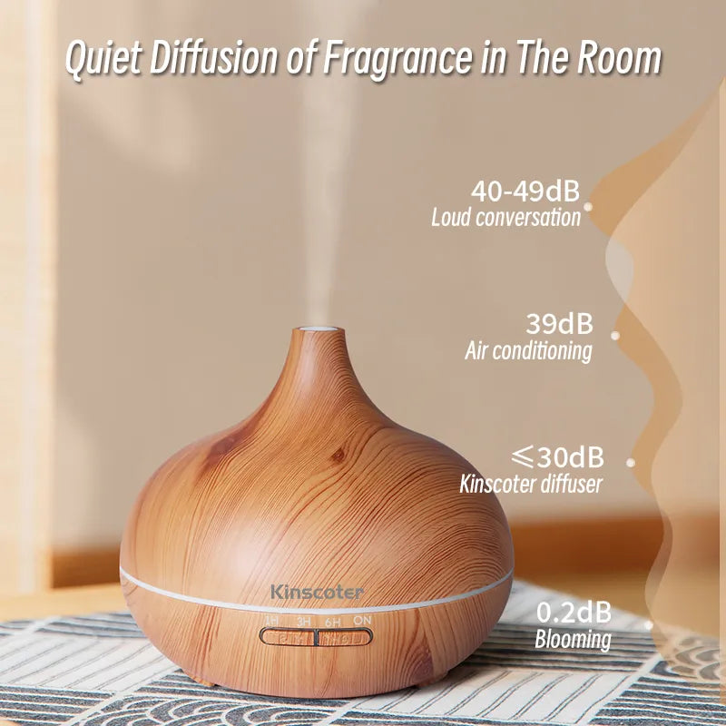 Premium 500ml Aromatherapy Essential Oil Diffuser with Wood Grain Finish, Remote Control, Ultrasonic Technology, and 7 Color Lighting Options