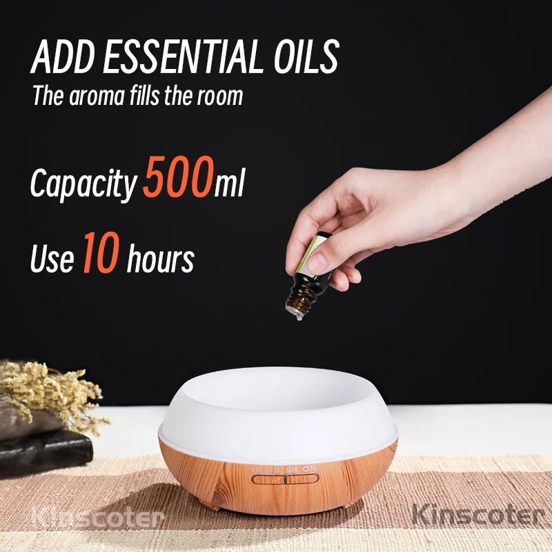 Premium 500ml Aromatherapy Essential Oil Diffuser with Wood Grain Finish, Remote Control, Ultrasonic Technology, and 7 Color Lighting Options