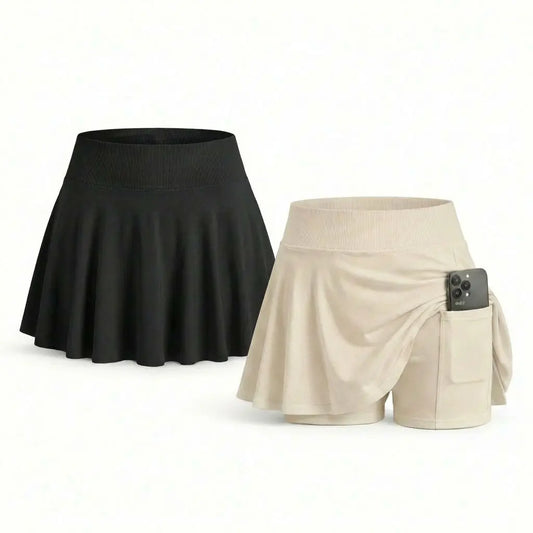 2-Pack Pleated High-Waist Tennis Skirt – Built-In Shorts & Hidden Pocket