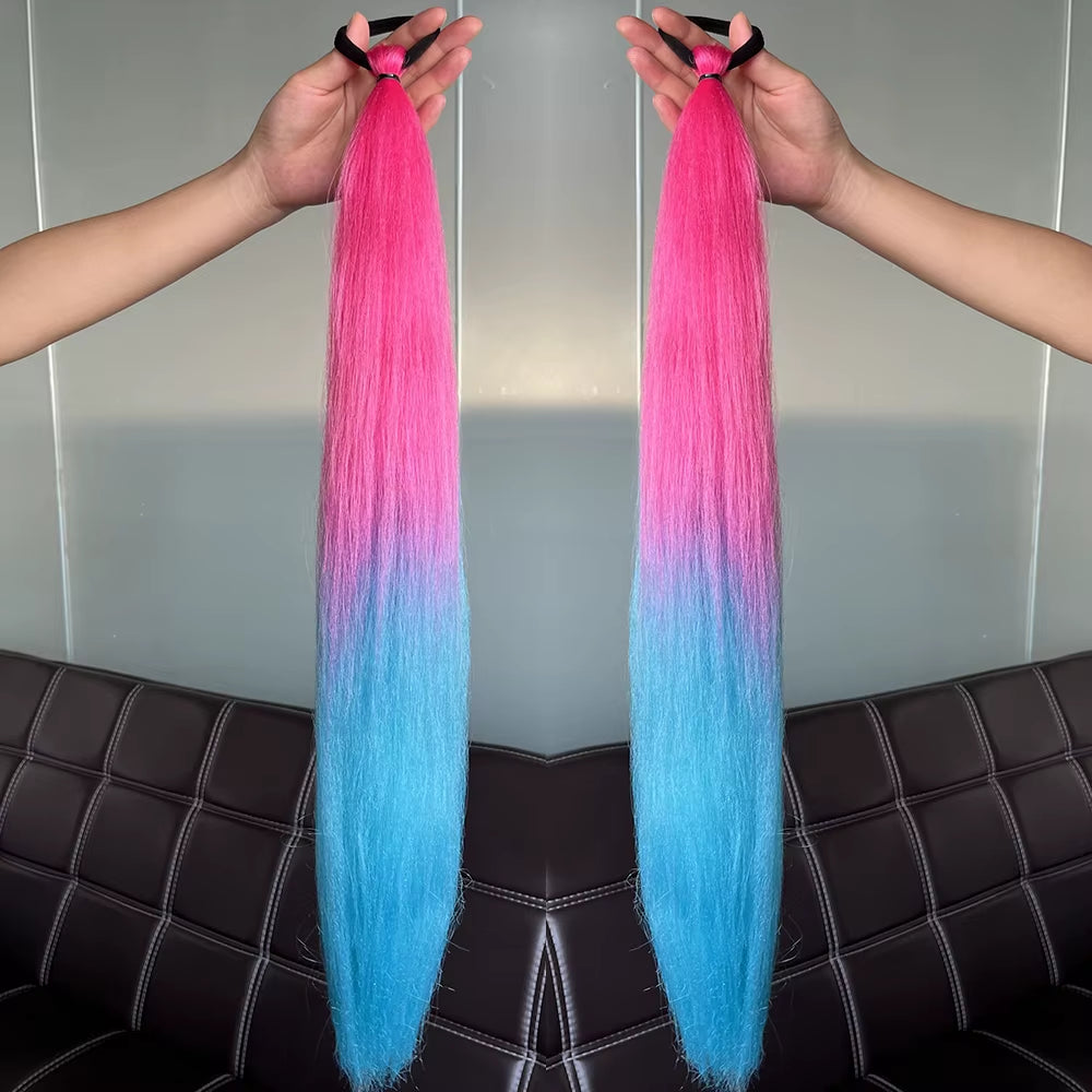 Synthetic 2Pcs Straight Ponytail with Elastic Hair Tie Colorful Braiding Ponytail Hair Extensions Hair Accessories for Women