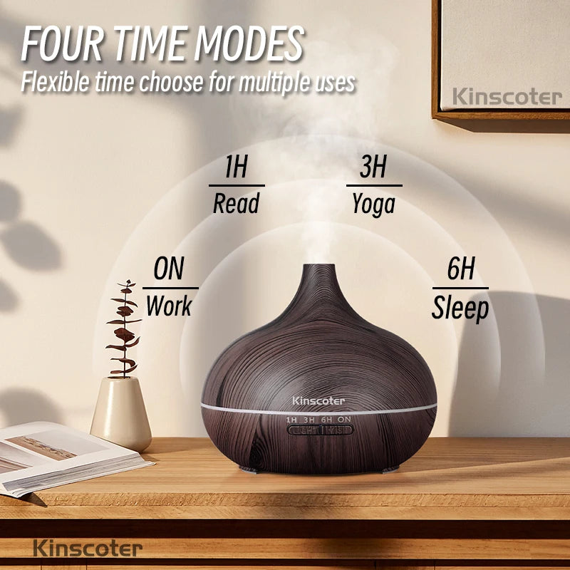 Premium 500ml Aromatherapy Essential Oil Diffuser with Wood Grain Finish, Remote Control, Ultrasonic Technology, and 7 Color Lighting Options