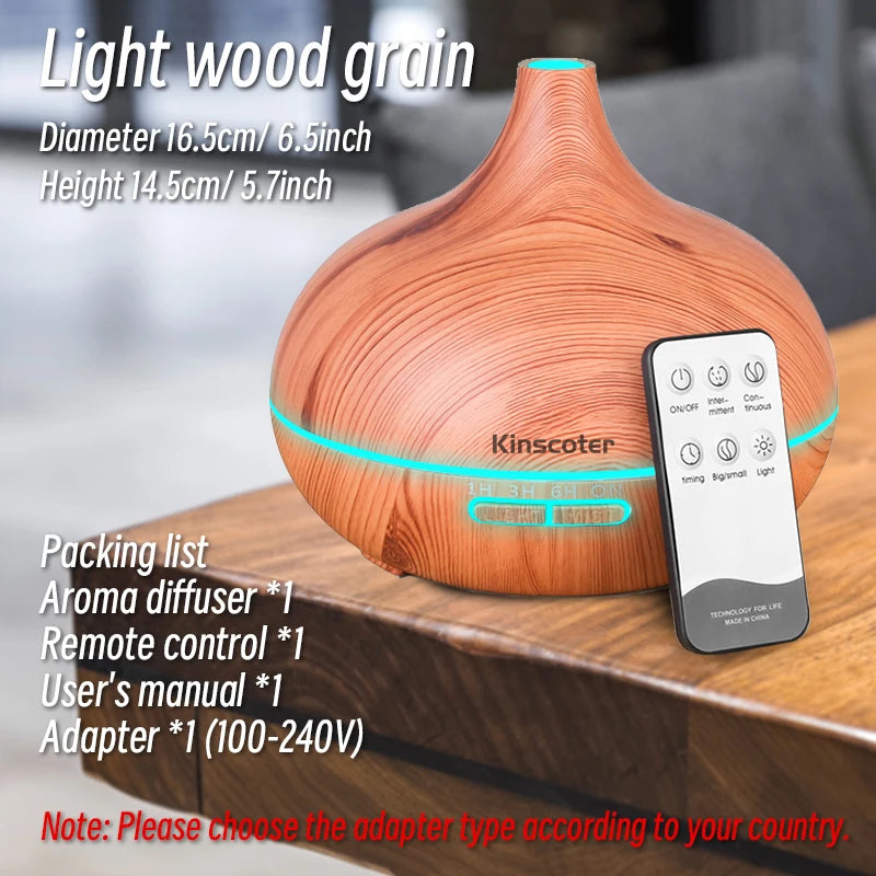 Premium 500ml Aromatherapy Essential Oil Diffuser with Wood Grain Finish, Remote Control, Ultrasonic Technology, and 7 Color Lighting Options