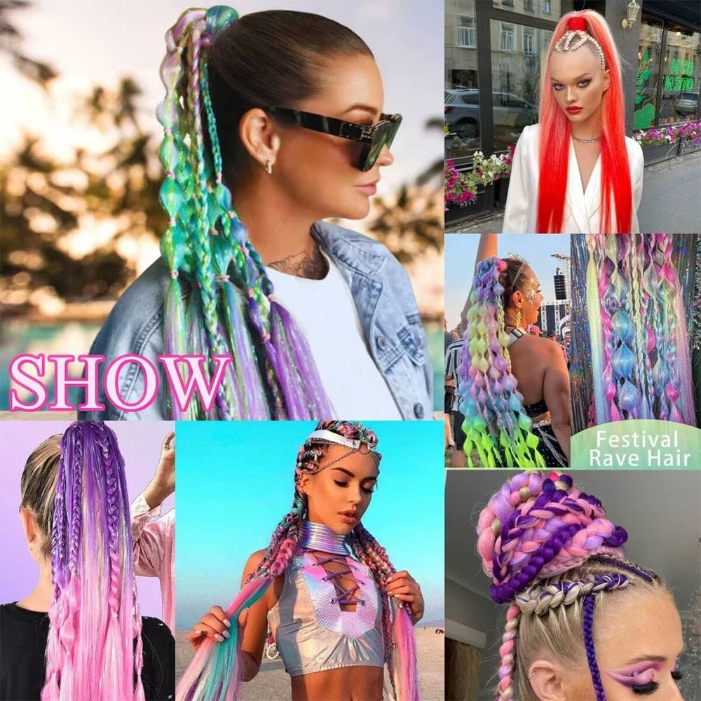 Synthetic 2Pcs Straight Ponytail with Elastic Hair Tie Colorful Braiding Ponytail Hair Extensions Hair Accessories for Women