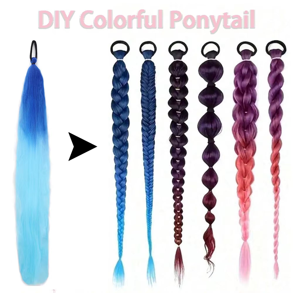 Synthetic 2Pcs Straight Ponytail with Elastic Hair Tie Colorful Braiding Ponytail Hair Extensions Hair Accessories for Women