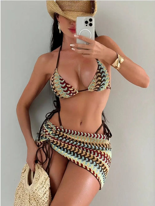 Bohemian Print Sexy Women'S Beach Bikinis Three Pieces Bikini Set Cover up Swimwear High Waisted Bikini Set Women Swimsuit 2026