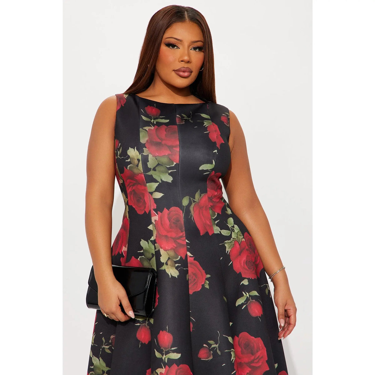 Pleated Floral Midi Dress – Red Combo