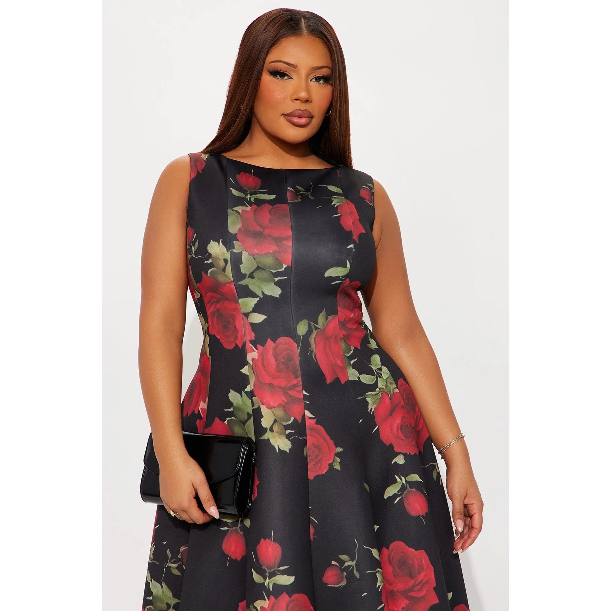 Pleated Floral Midi Dress – Red Combo