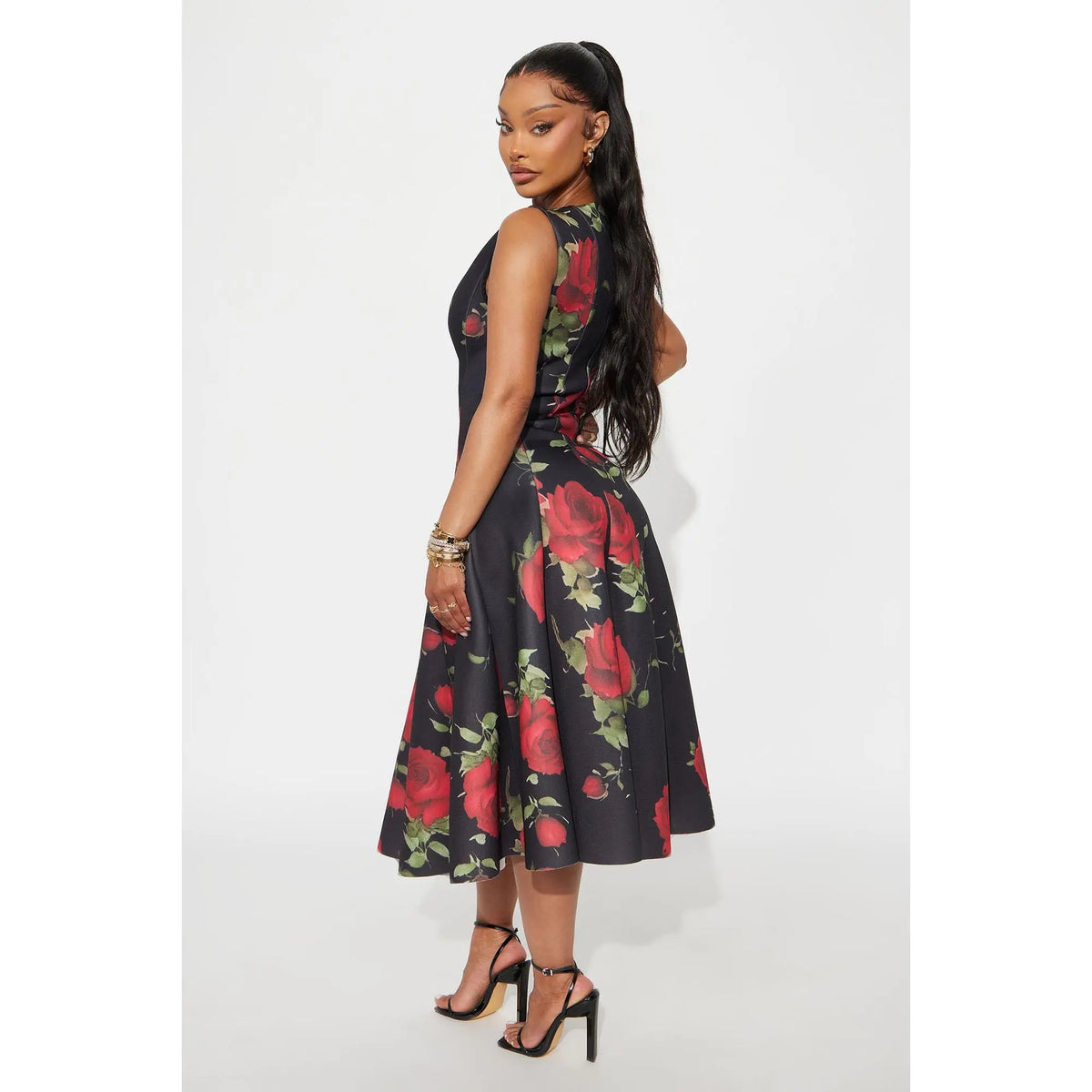 Pleated Floral Midi Dress – Red Combo