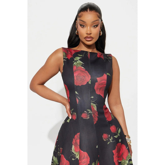 Pleated Floral Midi Dress – Red Combo