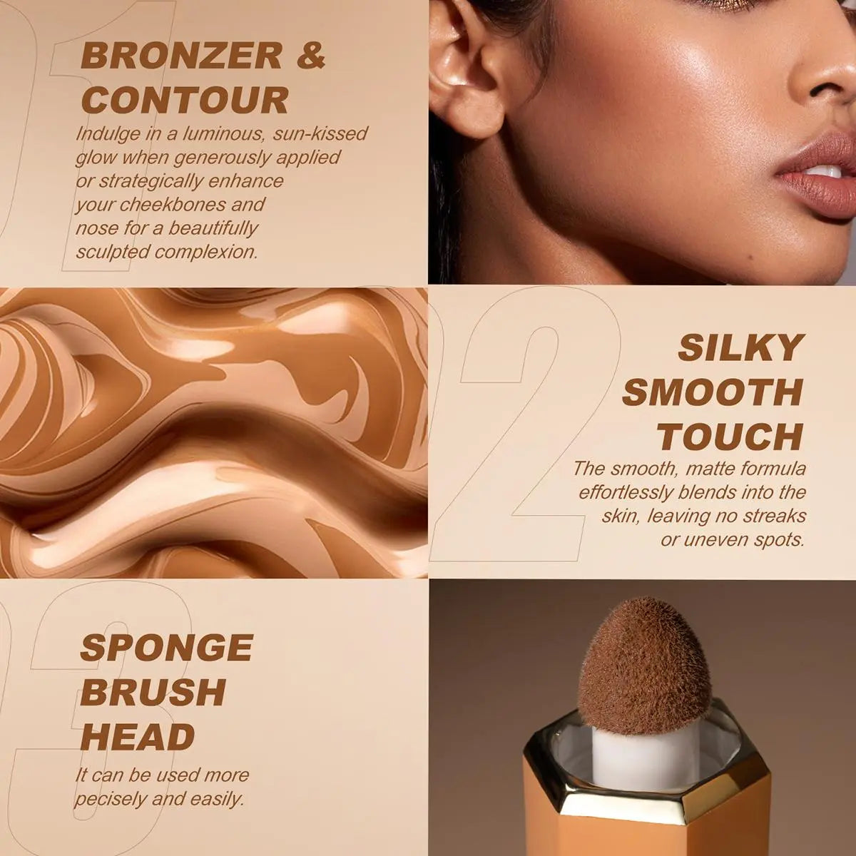 Long-Wearing Flawless Makeup Liquid Contouring Bronzer, Facial Detailing Cream with Sponge Brush, Cosmetics Make-Up Supplies