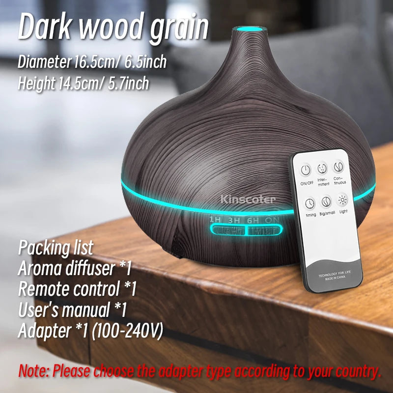 Premium 500ml Aromatherapy Essential Oil Diffuser with Wood Grain Finish, Remote Control, Ultrasonic Technology, and 7 Color Lighting Options