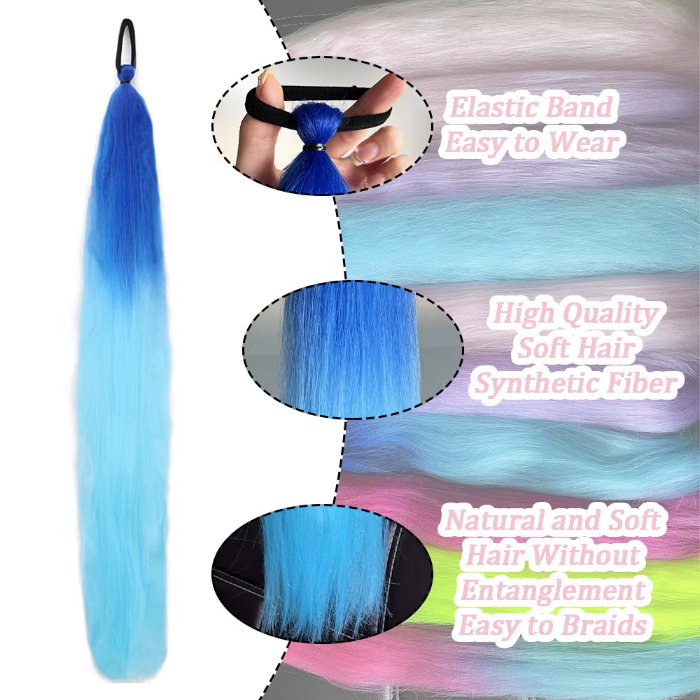 Synthetic 2Pcs Straight Ponytail with Elastic Hair Tie Colorful Braiding Ponytail Hair Extensions Hair Accessories for Women