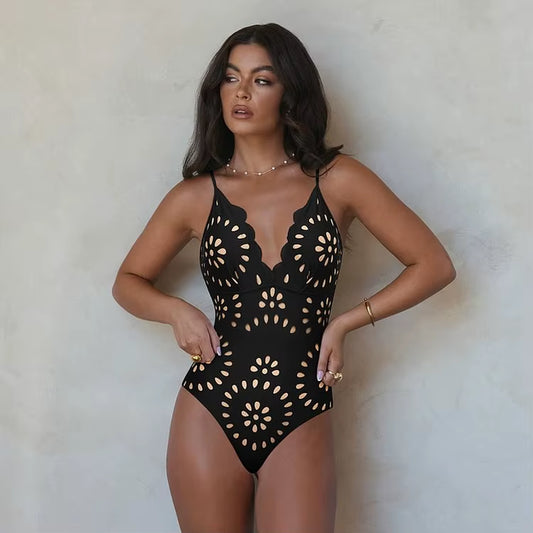 Dive into summer with the Flaxmaker Women’s One-Piece Swimsuit! 🌊✨ Featuring stunning black laser-cut flowers and a deep V neck, this chic bathing suit is perfect for beach days and sunny getaways! #SwimwearGoals #SummerStyle