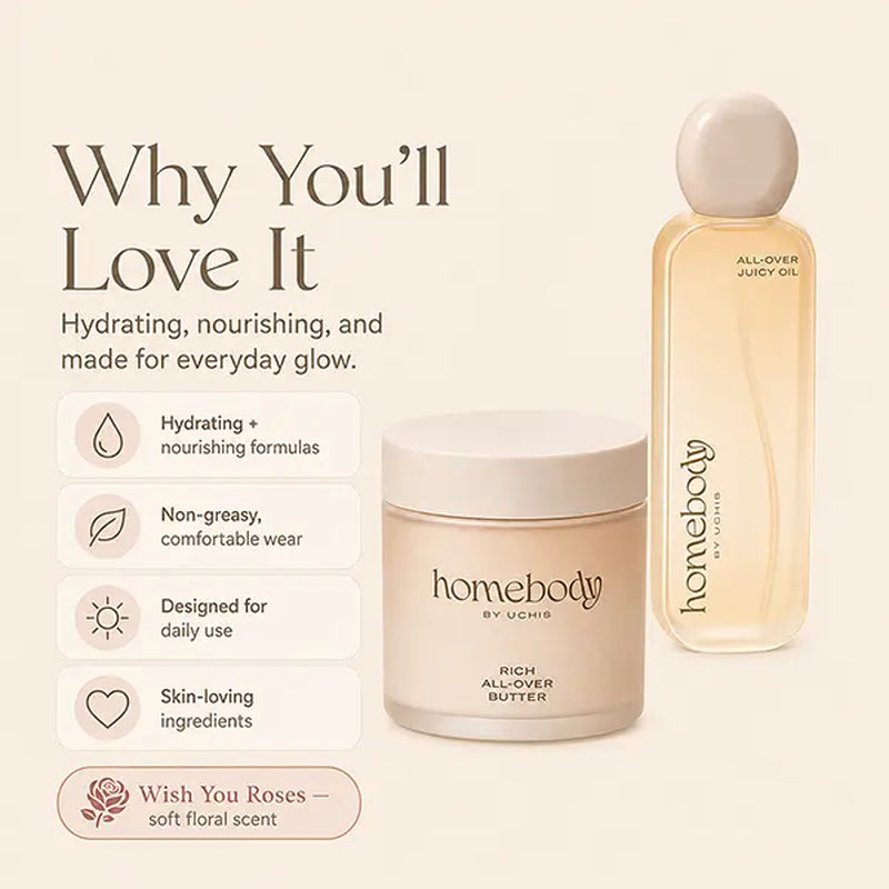 Homebody by Uchis | Body Care – Hydrating Body Oil, Moisturizing Body Butter & Skincare Set with Hyaluronic Acid & Niacinamide (Wish You Roses)