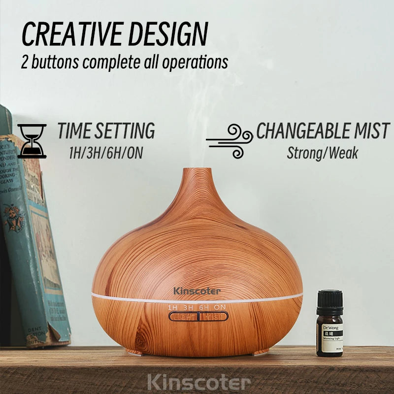 Premium 500ml Aromatherapy Essential Oil Diffuser with Wood Grain Finish, Remote Control, Ultrasonic Technology, and 7 Color Lighting Options