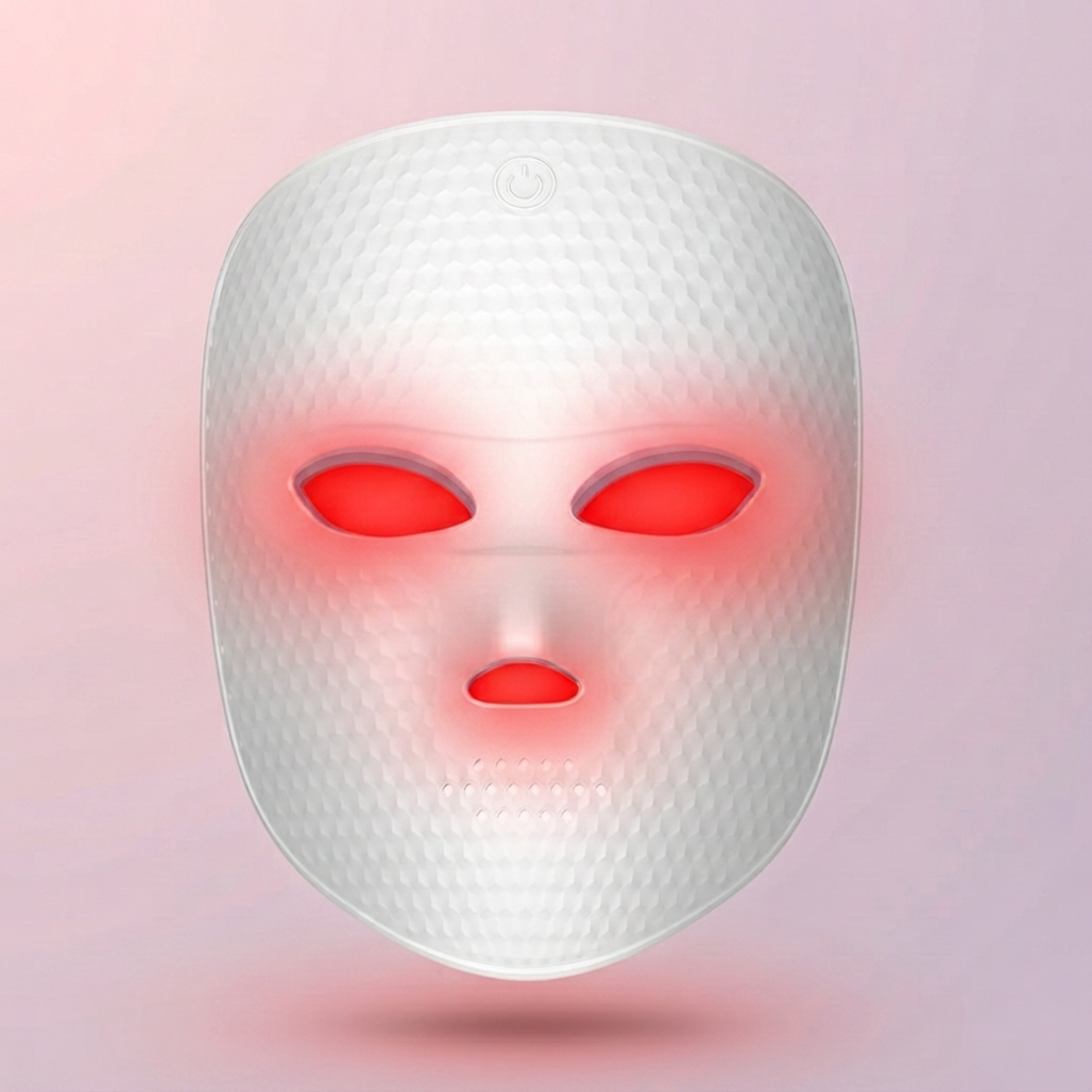 Glow Reset LED Light-Therapy Face Mask glowing red, on a soft pink-lilac background